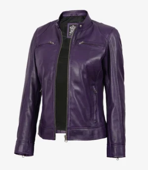 Purple leather jacket with zipper pockets and a standing collar against a plain white background, conveying a sleek and stylish look.