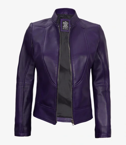 A sleek, purple leather jacket with a high collar and central zipper, positioned open to reveal a dark interior. The tag is visible at the neck.