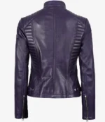 A deep purple leather jacket shown from the back, featuring quilted shoulder and side panel detailing, zipper cuffs, and a sleek, modern design.