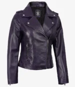 Purple leather jacket with a stylish asymmetric zip and silver buttons. The jacket has a sleek, modern look with a folded collar, evoking a sense of edgy fashion.