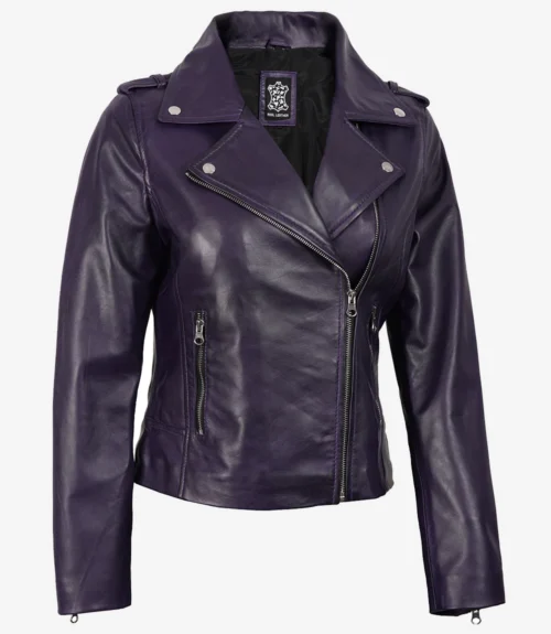 Purple leather jacket with a stylish asymmetric zip and silver buttons. The jacket has a sleek, modern look with a folded collar, evoking a sense of edgy fashion.