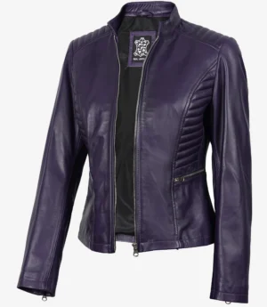 Purple leather jacket with a sleek design and quilted shoulder details. It features a front zipper, zippered side pockets, and a standing collar. Stylish and bold.