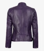 Back view of a sleek purple leather jacket with detailed stitching and a smooth, glossy finish. The jacket has long sleeves and zipped cuffs.