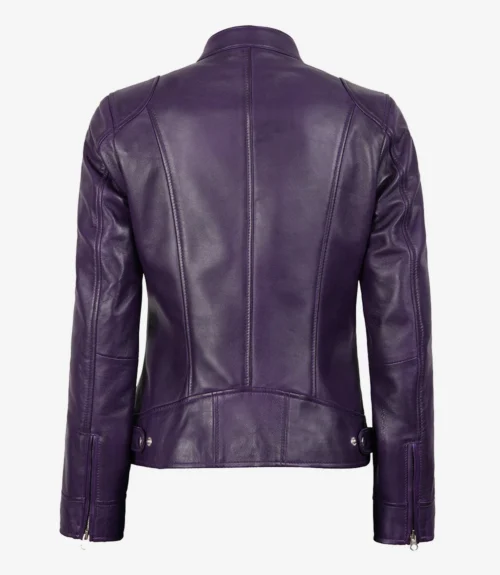 Back view of a sleek purple leather jacket with detailed stitching and a smooth, glossy finish. The jacket has long sleeves and zipped cuffs.