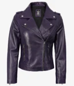 Purple leather jacket with a sleek, fitted design. Features a wide lapel, silver zippers on pockets, a side zipper closure, and epaulets on the shoulders.