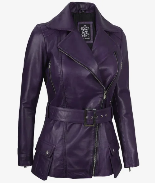 A stylish purple leather jacket with a wide collar, asymmetric zipper, belted waist, and side pockets, conveying a chic and edgy tone.