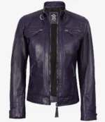 Dark purple leather jacket with a front zipper and zippered pockets. The jacket has a stand collar and quilted detailing on the shoulders, conveying a sleek, edgy style.