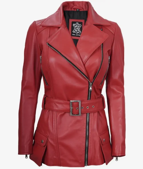 Red leather jacket with a modern design, featuring an asymmetric zipper, wide lapels, and a matching belt. Sleek, edgy, and fashion-forward.