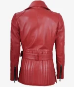 Back view of a red leather jacket featuring a wide belt and vertical stitching. The jacket has a sleek, stylish design with zippers on the sleeves.