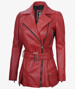Red leather jacket with asymmetrical zippers, a belted waist, and buttoned pockets, exuding a sleek and bold fashion statement.