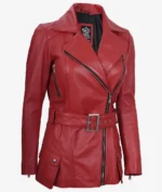 Red leather jacket with diagonal zippers, a wide collar, and a belted waist. Features pockets with snap buttons for a bold, stylish look.