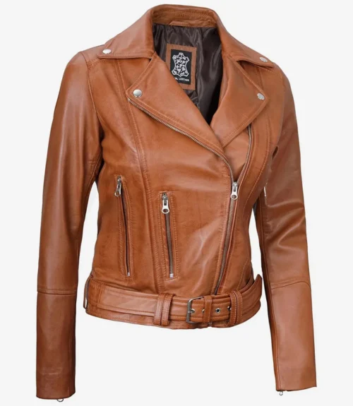 Brown leather jacket with a stylish asymmetrical zipper, zippered pockets, and a belted waist. It has a sleek, modern look with silver accents.