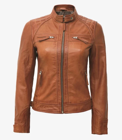 Brown leather jacket with quilted shoulder details, front zipper, and zippered pockets. Stylish and rugged design, set against a plain white background.