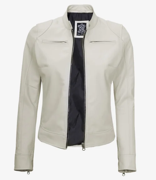 white leather jacket with a front zipper, two zippered chest pockets, and a black interior lining, conveying a sleek and stylish appearance.