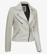White leather jacket with a stylish asymmetric zipper front, silver accents, and zipper detailing. The sharp collar adds a modern, edgy touch.