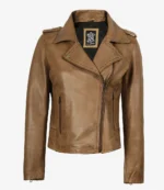 Brown leather jacket with an asymmetrical front zipper, notched collar, and shoulder epaulettes. The jacket has two vertical zippered pockets.