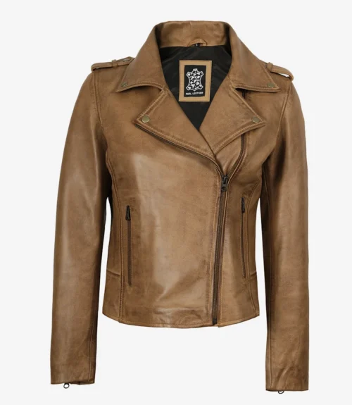 Brown leather jacket with an asymmetrical front zipper, notched collar, and shoulder epaulettes. The jacket has two vertical zippered pockets.