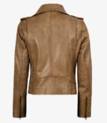 Brown leather jacket viewed from the back, featuring a tailored fit with epaulets on the shoulders and zippers at the cuffs, against a plain background.