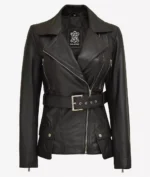 Black leather jacket featuring silver zippers and snap buttons, a wide lapel collar, and a belted waist for a sleek, edgy look.