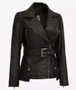 A sleek black leather jacket with a broad collar, zippered front, and belted waist. It features silver zippers and buttons on the pockets, conveying a stylish, edgy vibe.