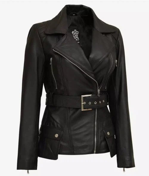 A sleek black leather jacket with a broad collar, zippered front, and belted waist. It features silver zippers and buttons on the pockets, conveying a stylish, edgy vibe.