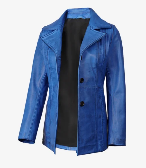 A vibrant blue leather jacket with a black lining is displayed against a plain white background. It features a wide lapel and three black buttons.