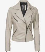 Beige leather jacket with an asymmetrical front zipper, two side zippers, and shoulder epaulettes. Sleek, modern design with a stylish edge.