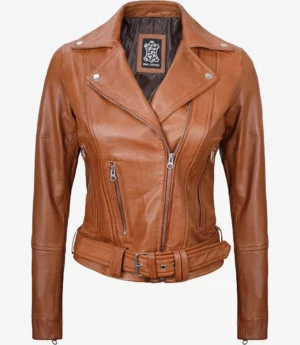 Brown leather biker jacket with an asymmetrical front zipper, two vertical zip pockets, wide lapels, and a belted waist. Stylish and sleek design.