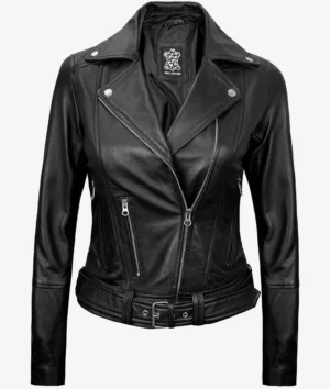 Black leather biker jacket with a diagonal zipper, wide lapels, and a belted waist. It exudes a sleek, edgy style against a white background.