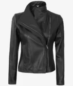 Sleek black leather jacket with asymmetrical zipper, high collar, and stylish stitching. The design exudes a modern, edgy, and sophisticated vibe.