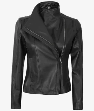 Sleek black leather jacket with asymmetrical zipper, high collar, and stylish stitching. The design exudes a modern, edgy, and sophisticated vibe.