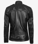 Black leather jacket, seen from the back, with a high collar and shoulder straps. The sleek design conveys a modern, stylish, and edgy tone.