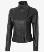 A sleek black leather jacket with a high collar and long sleeves. It features a tailored fit with stylish seam details, exuding a modern, edgy vibe.