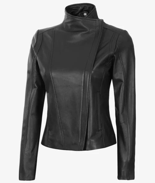A sleek black leather jacket with a high collar and long sleeves. It features a tailored fit with stylish seam details, exuding a modern, edgy vibe.