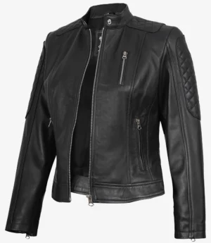 Black leather jacket with quilted shoulder panels and zippered pockets, exuding a sleek and edgy style. Standing against a plain background.