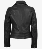 Black leather jacket shown from the back, featuring ribbed detailing on sleeves and hem, with zippers at the cuffs. The style is sleek and modern.