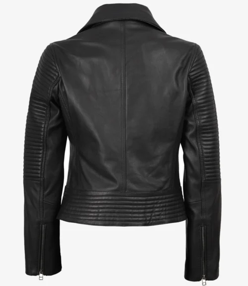 Black leather jacket shown from the back, featuring ribbed detailing on sleeves and hem, with zippers at the cuffs. The style is sleek and modern.