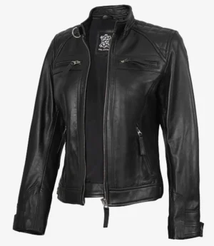 Black leather jacket with quilted shoulders, front zipper, three zip pockets, and standing collar. The design is sleek and edgy, conveying a bold style.
