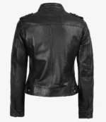 Black leather jacket shown from the back, highlighting its sleek design, epaulets on the shoulders, and button details on the cuffs and hem.
