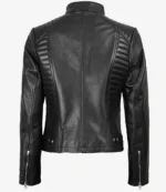Black leather jacket with a sleek design, featuring ribbed padding on the shoulders and sides. The jacket has zipper cuffs and a modern, stylish look.