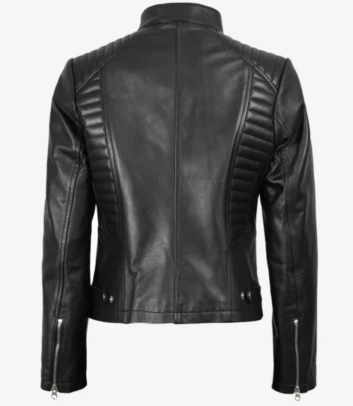 Black leather jacket with a sleek design, featuring ribbed padding on the shoulders and sides. The jacket has zipper cuffs and a modern, stylish look.
