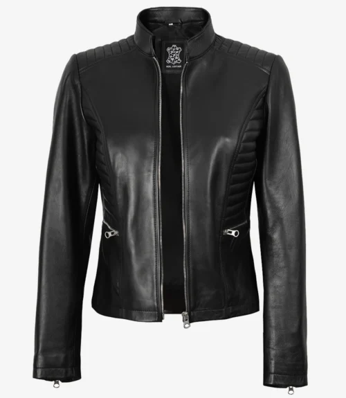 Black leather jacket with a sleek design, featuring a quilted shoulder pattern and silver zippers. The style is modern and edgy, ideal for casual wear.