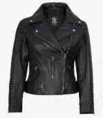 Black leather biker jacket with silver zippers and buttons. It features quilted detailing on the shoulders and sleeves, exuding a stylish, edgy vibe.