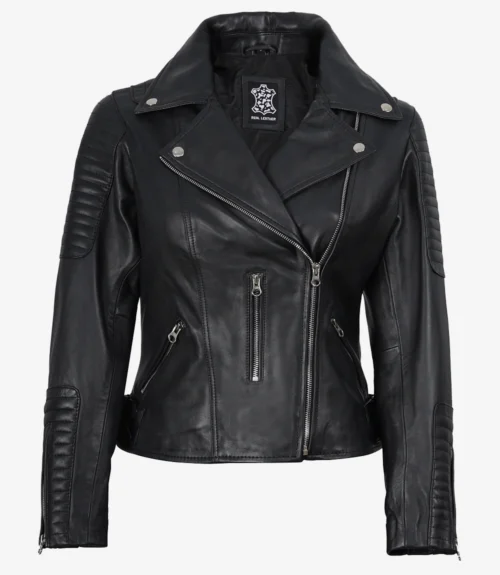 Black leather biker jacket with silver zippers and buttons. It features quilted detailing on the shoulders and sleeves, exuding a stylish, edgy vibe.