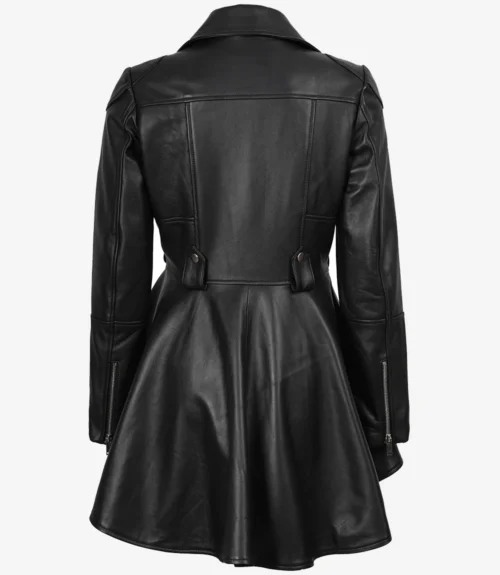 Back view of a sleek, black leather coat with a flared skirt. The coat features a tailored fit, prominent stitching, and zippered sleeves, exuding a stylish and edgy tone.