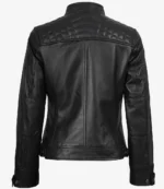 Black leather jacket seen from the back, featuring quilted detailing on the shoulders and smooth, sleek material. The design conveys a classic, stylish look.