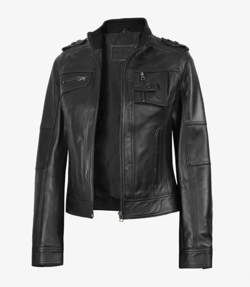 A sleek black leather jacket with zippered pockets and shoulder epaulets is displayed on a white background, conveying a stylish and edgy look.