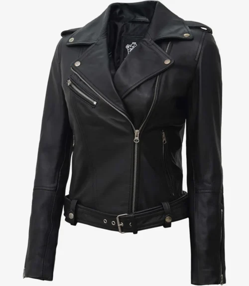 Black leather jacket with metal zippers and snap buttons on the lapels. It features a belted waist and an asymmetrical front zip, exuding a sleek, edgy vibe.