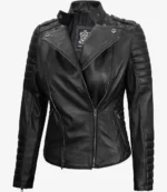 Black leather jacket with asymmetrical zipper and quilted shoulder panels. It has a sleek, edgy design, emphasizing style and boldness.