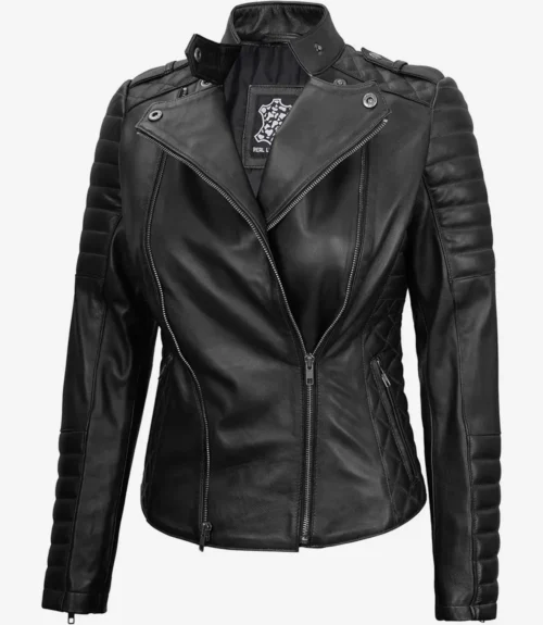 Black leather jacket with asymmetrical zipper and quilted shoulder panels. It has a sleek, edgy design, emphasizing style and boldness.